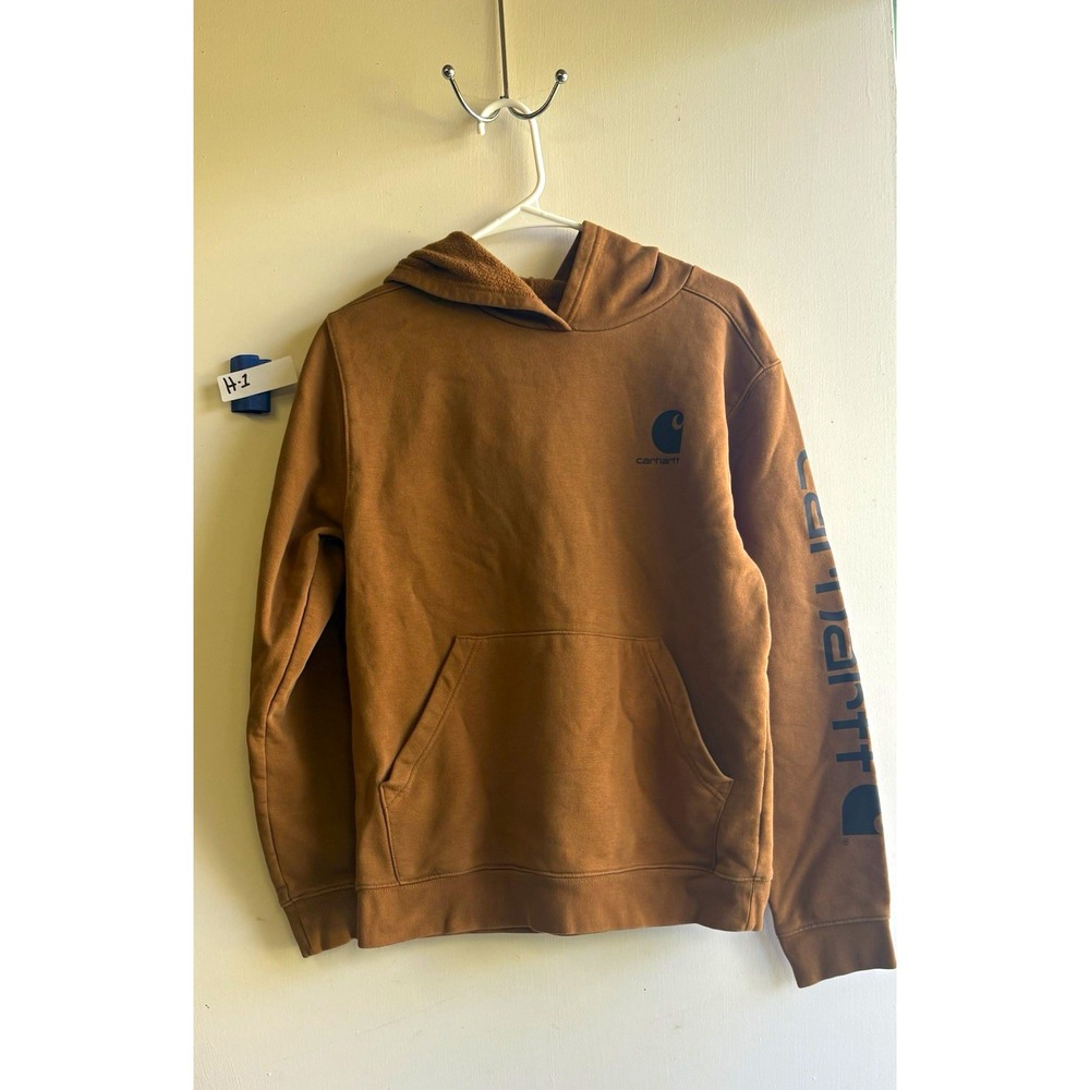 Carhartt Boys XL Brown Pullover Hoodie Fleece, Logo, Pockets, Long Sleeve